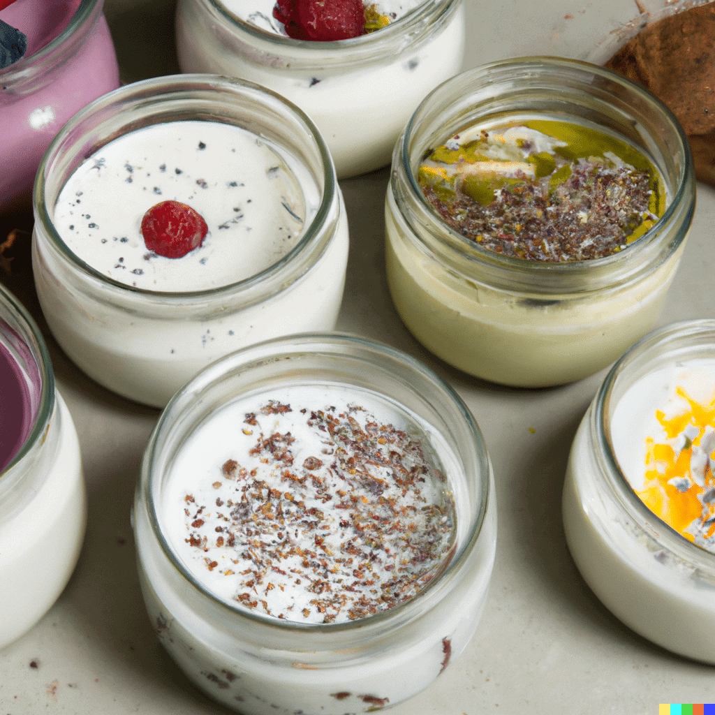 Glasschalen mit verschiedenen veganen Yoghurtsorten, die auch unterschiedliches Topping haben.