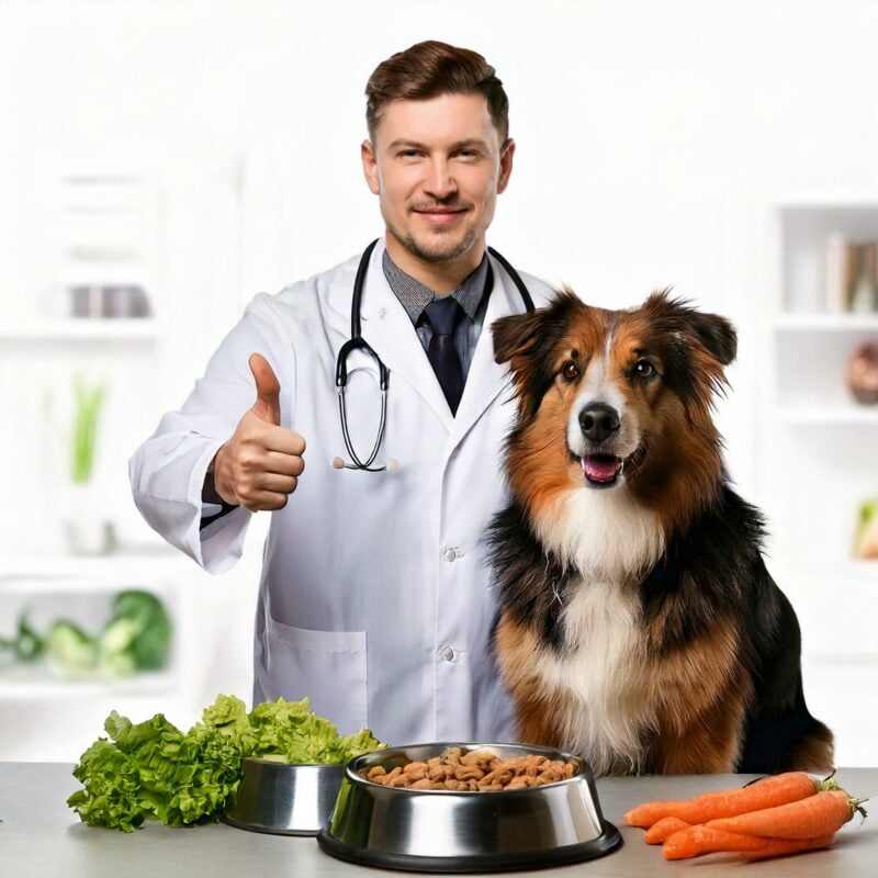 Tierarzt und Hund mit veganem Hundefutter