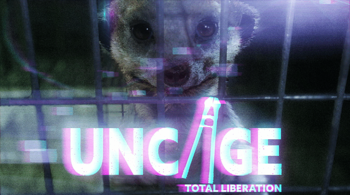 Ein digitales Artwork eines eingesperrten Tieres hinter Gittern mit dem Spieltitel „UNCAGE – Total Liberation“ in futuristischem Neon-Stil.