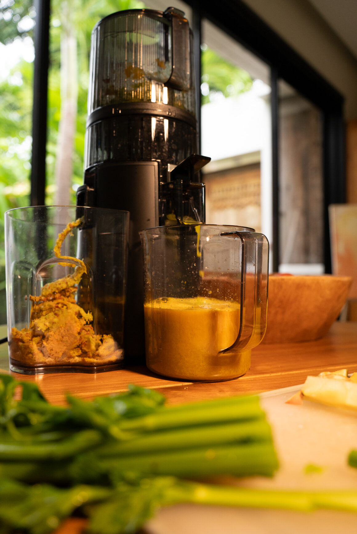 Hurom H70-ST im Einsatz mit Saft- und Tresterbehälter; Sellerie im Vordergrund, natürliche Küchenkulisse.