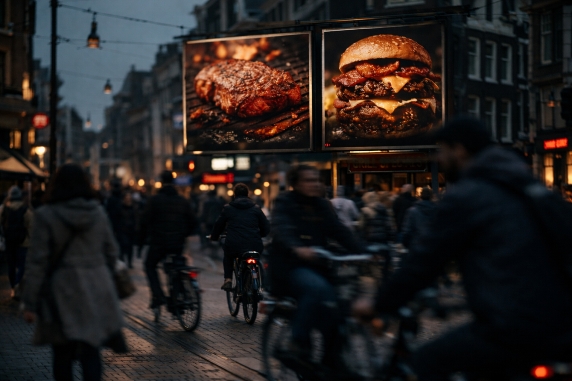 Werbetafeln mit Steak und Burger in einer belebten Straße in Amsterdam mit Fahrradfahrern und Fußgängern in der Abenddämmerung