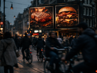 Werbetafeln mit Steak und Burger in einer belebten Straße in Amsterdam mit Fahrradfahrern und Fußgängern in der Abenddämmerung