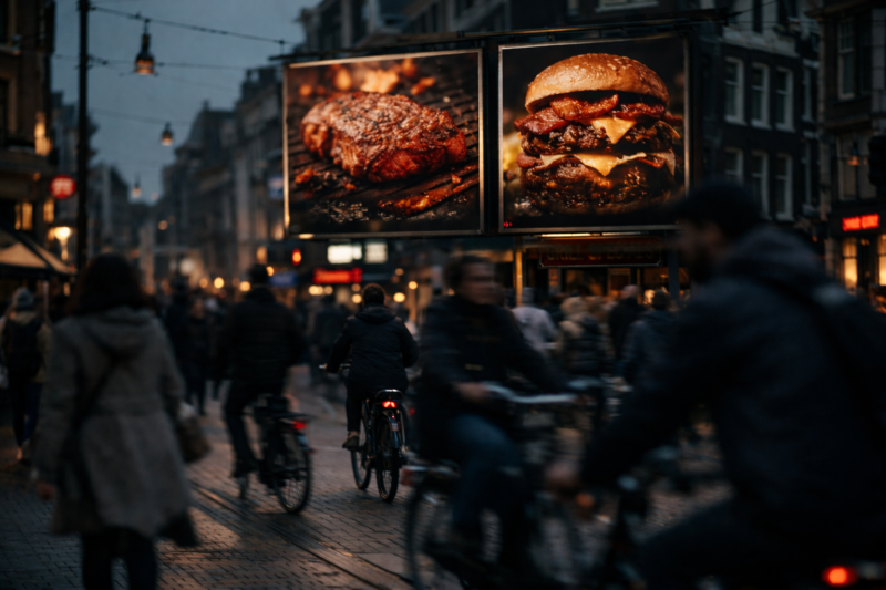 Werbetafeln mit Steak und Burger in einer belebten Straße in Amsterdam mit Fahrradfahrern und Fußgängern in der Abenddämmerung