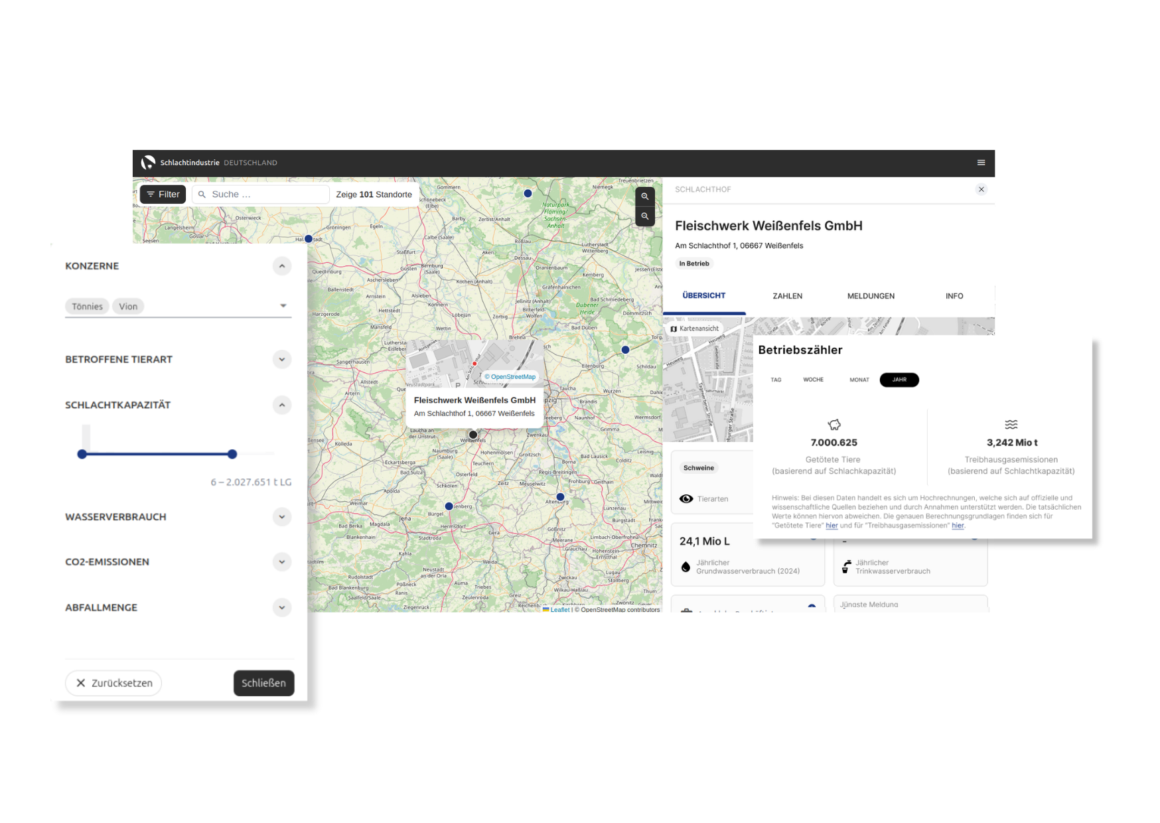 Gesamtansicht der Plattform Schlachtindustrie Deutschland mit Filtermenü, interaktiver Karte und Detailansicht des Fleischwerks Weißenfels