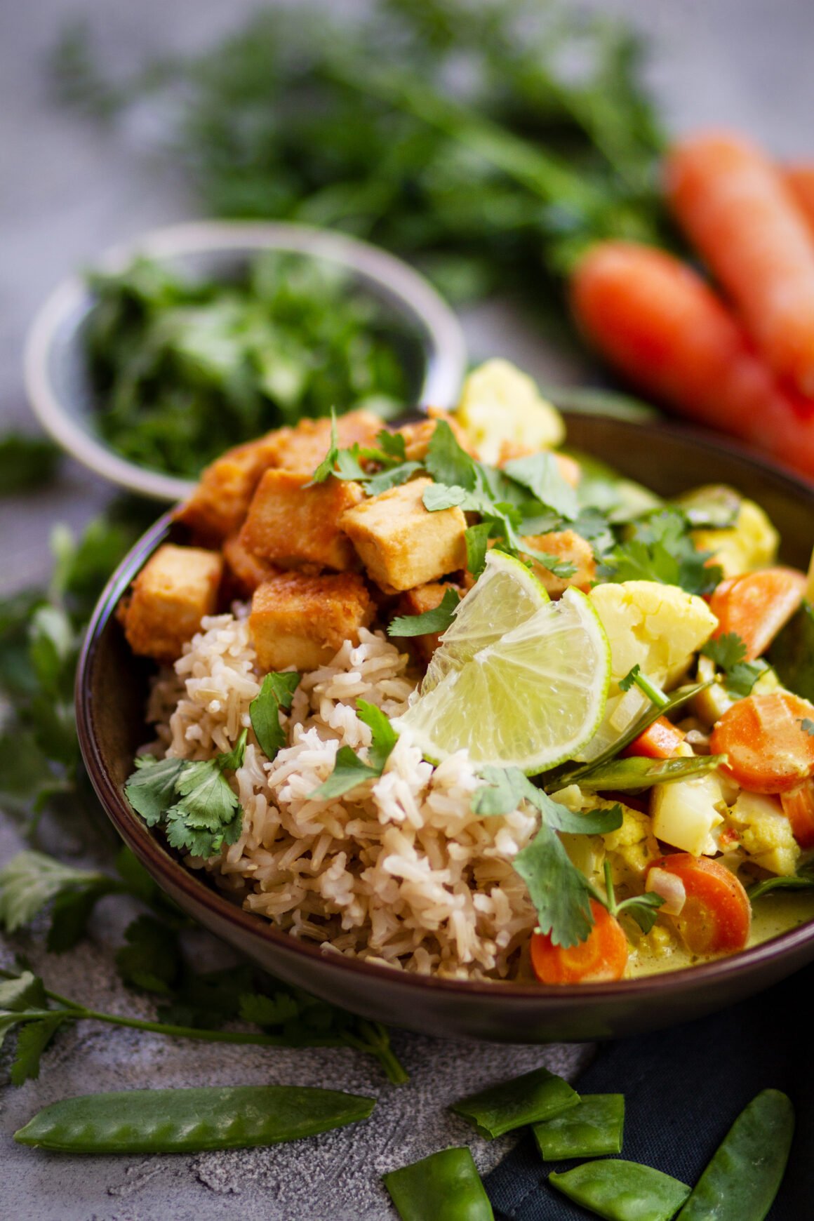 Veganes Frühlingscurry mit knusprigem Erdnusstofu, Naturreis, frischem Koriander und Limette in einer dunklen Bowl