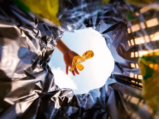 Hand wirft Bananenschale in Mülltonne - Symbolbild für Lebensmittelverschwendung in Deutschland und die Mission von SIRPLUS nach dem Motatos-Rückzug