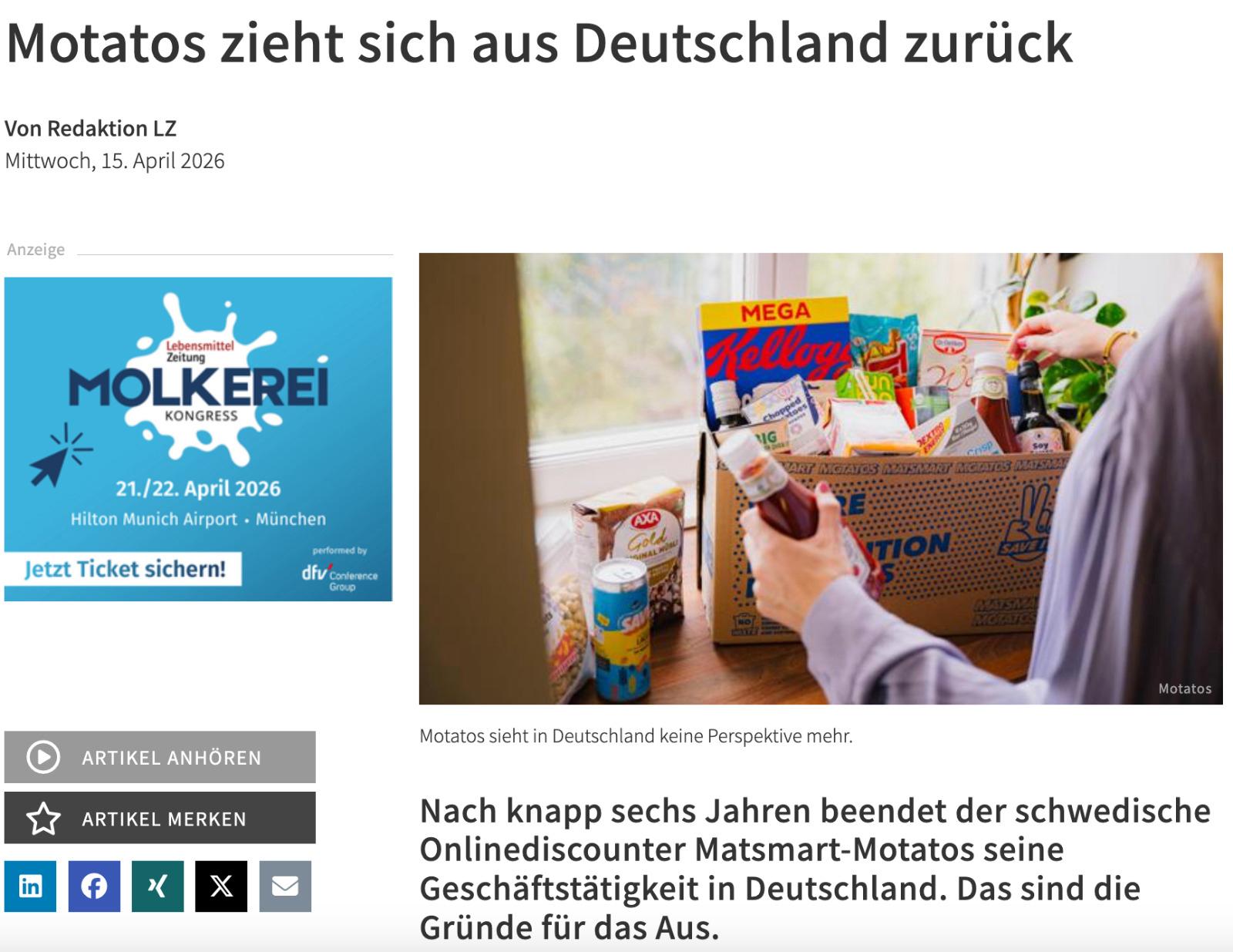 Motatos zieht sich aus Deutschland zurück - Screenshot Lebensmittelzeitung