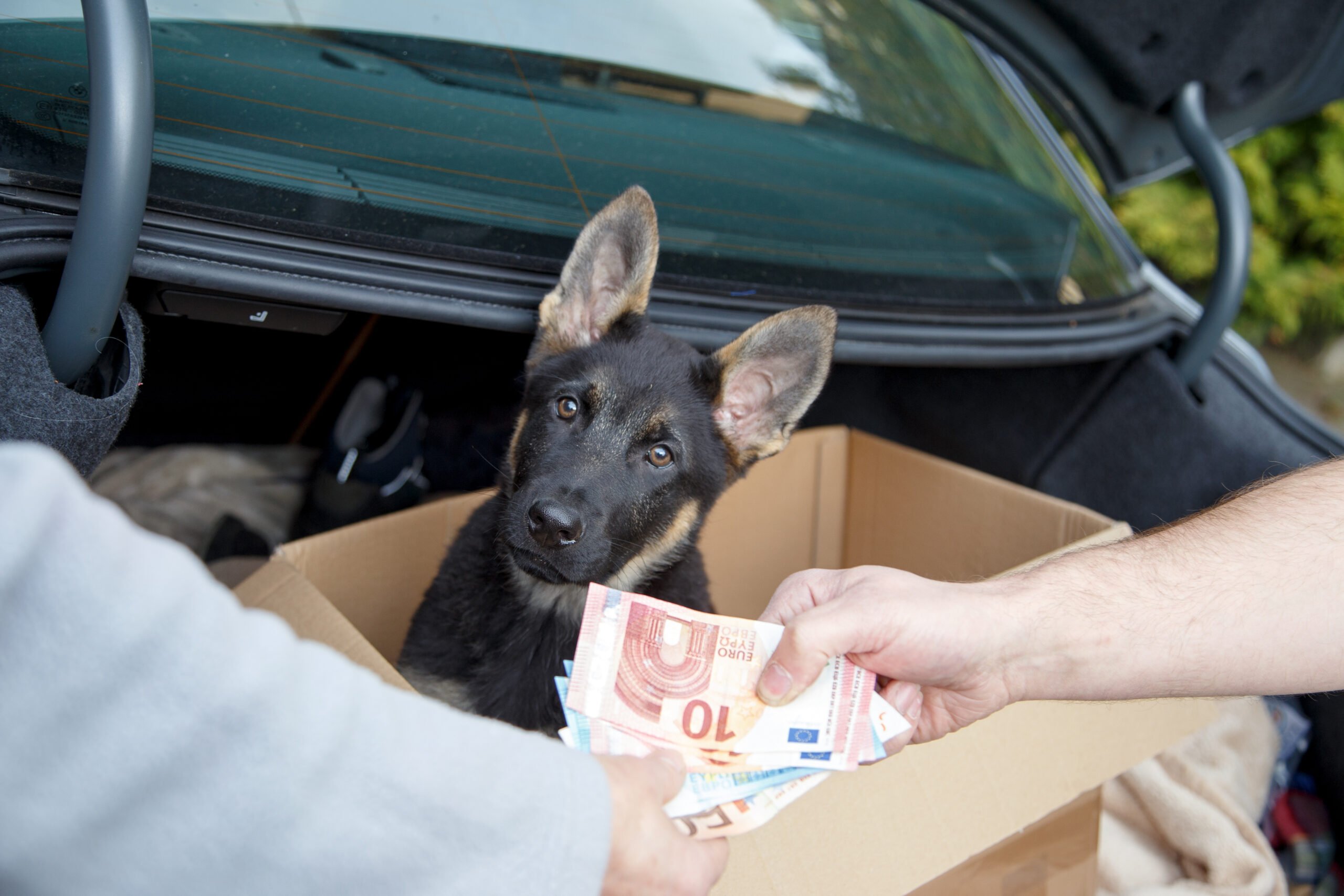 Junger Schäferhund-Welpe in Pappkarton im Kofferraum bei illegalem Welpenkauf gegen Bargeld