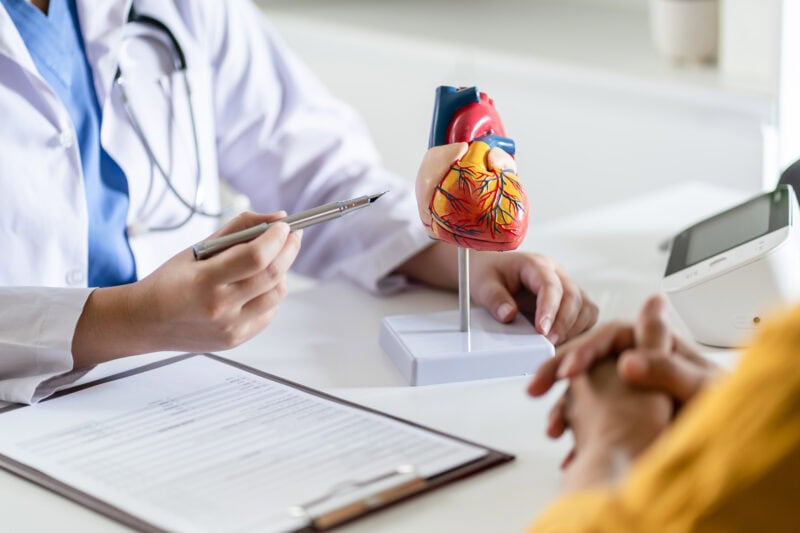 Arzt erklärt an Herz, worauf Patient achten muss