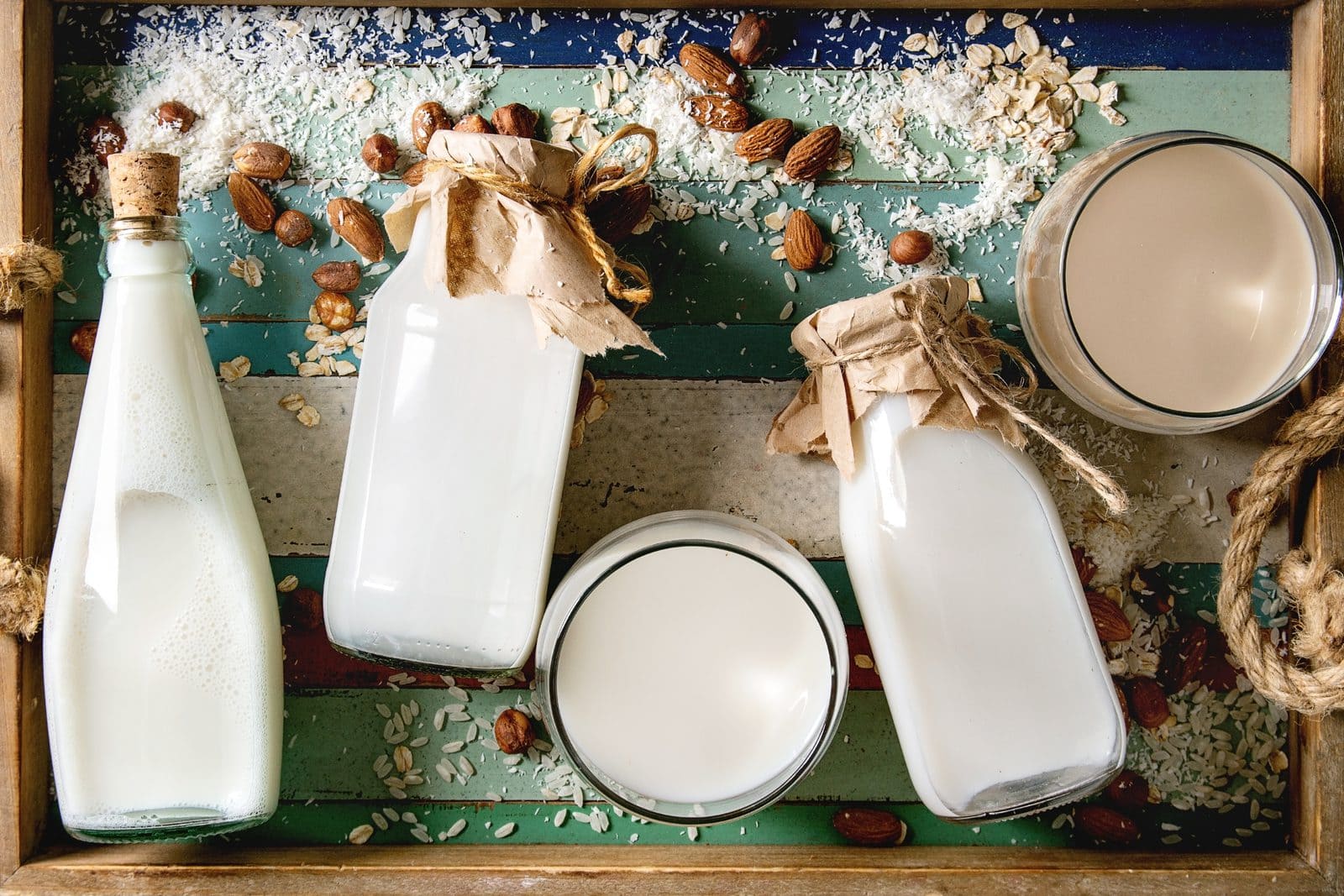 Verschiedene vegane Pflanzendrinks in Glasflaschen mit Zutaten daneben, Hafer Mandel Kokos Reis und Soja
