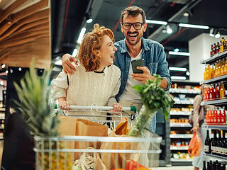 Paar mit Smartphone und vollem Einkaufswagen - veganer Wocheneinkauf
