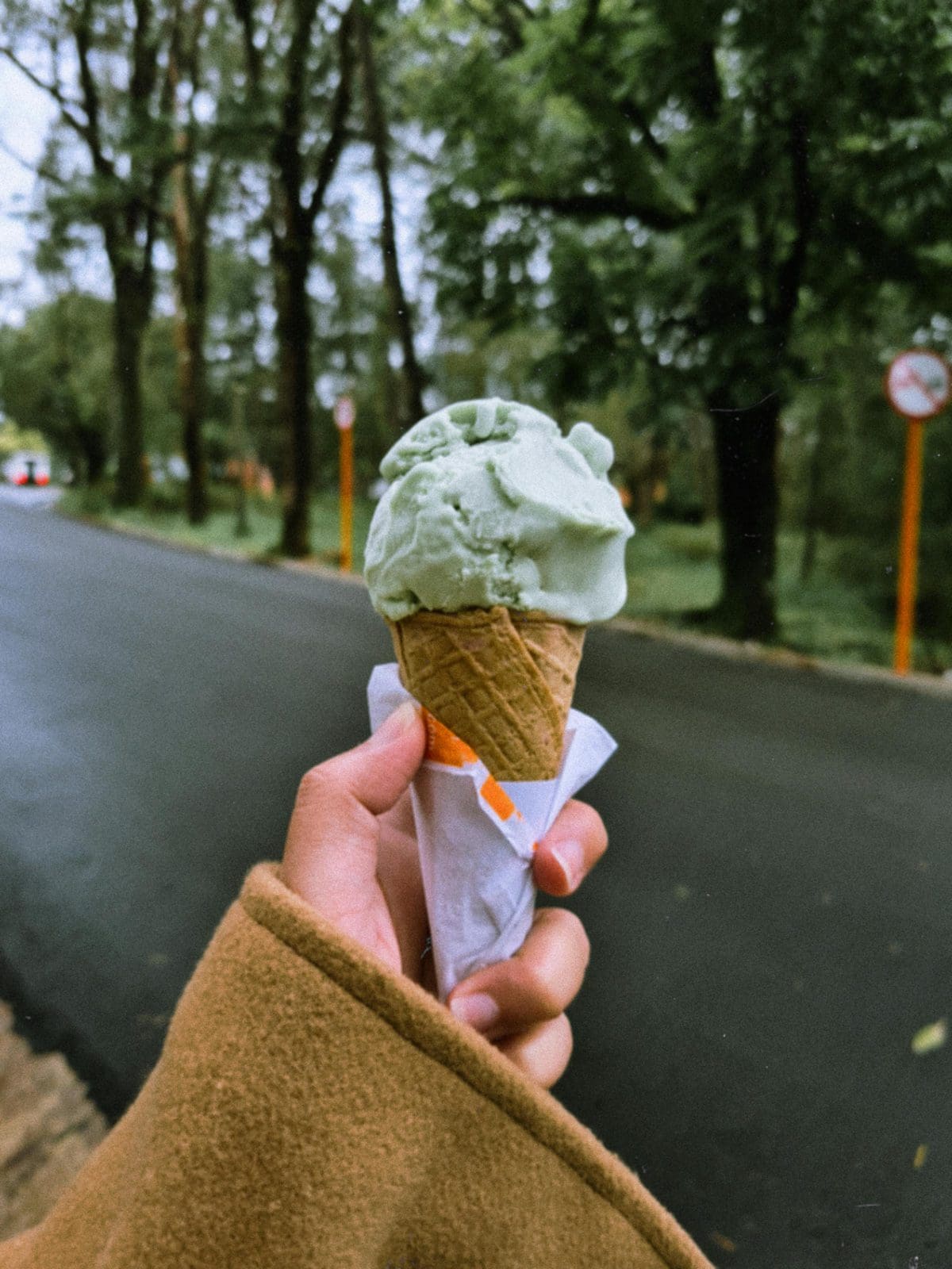Vegane Eiscreme in der Waffel mit Schokoladen-Topping, Sommer-Setting