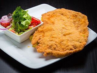 Goldbraun gebackenes veganes Schnitzel auf weißem Teller mit Zitronenscheibe, Petersilie und Kartoffelsalat im Hintergrund