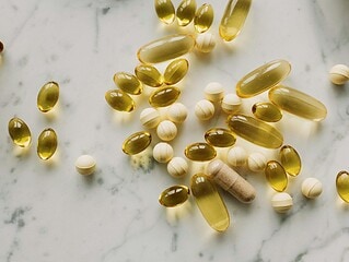 Sonnenstrahlen fallen durch ein Fenster auf Vitamin-D-Supplement-Tabletten und einen Bluttest-Auswertungs-Bericht