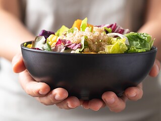 Bunte vegane Schale mit Hülsenfrüchten, Gemüse und Vollkorn auf hellem Holzbrett – evidenzbasierte vegane Ernährung