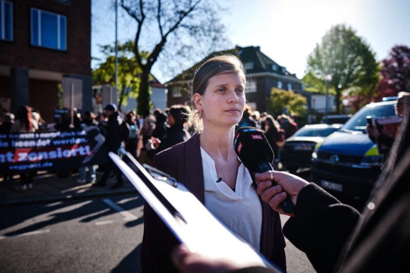 Anna Schubert gives interviews with microphones from RTL and ntv after the verdict in the slaughterhouse trial