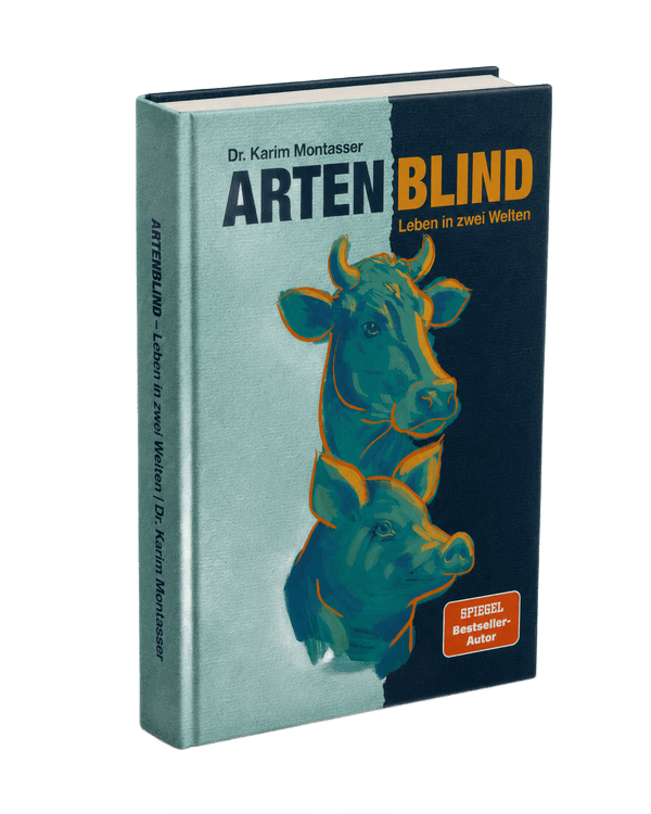 Artenblind von Dr. Karim Montasser Buchcover Artenblind, Leben in zwei Welten, von Dr. Karim Montasser mit Kuh und Schwein