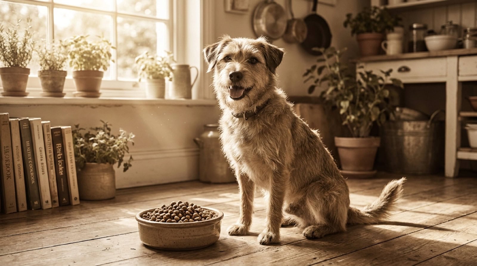 Gesunder Hund sitzt neben einem Napf mit veganem Hundefutter in einer hellen Küche