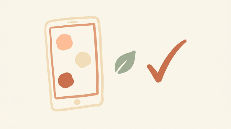Smartphone mit App-Symbolen, daneben ein grünes Blatt und ein Häkchen, illustriert im This-Is-Vegan-Stil