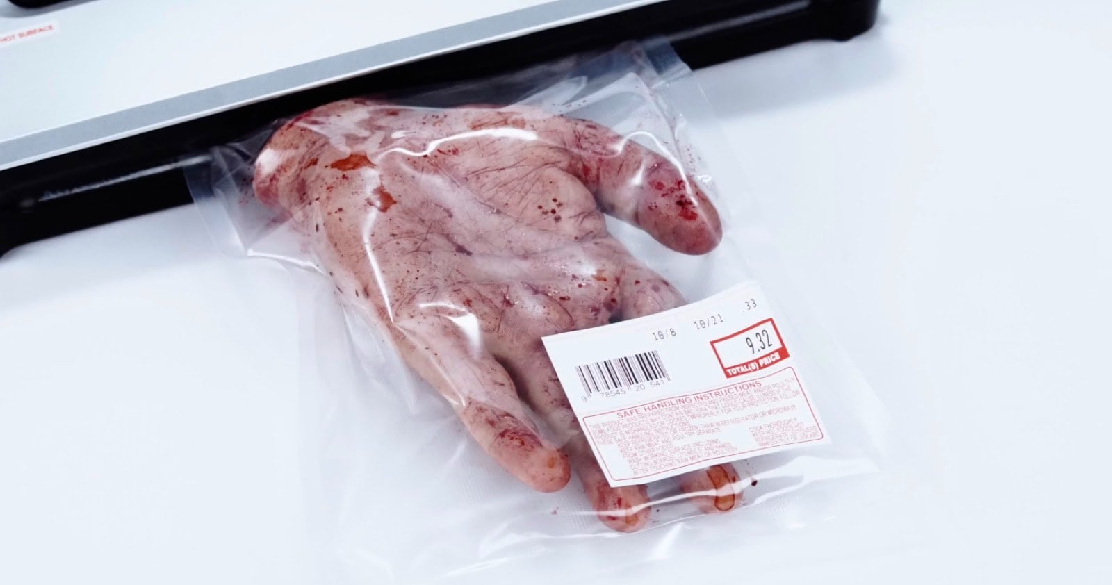 Packaged meat with a price label in the Dehumanized video as a symbol of the animal industry