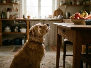 Neugieriger Hund schaut zu einer Schale mit Obst und Gemüse auf dem Küchentisch hoch