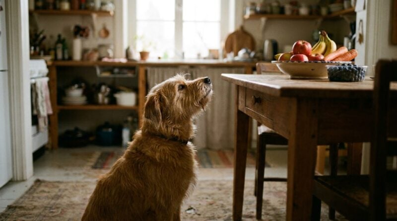 Neugieriger Hund schaut zu einer Schale mit Obst und Gemüse auf dem Küchentisch hoch