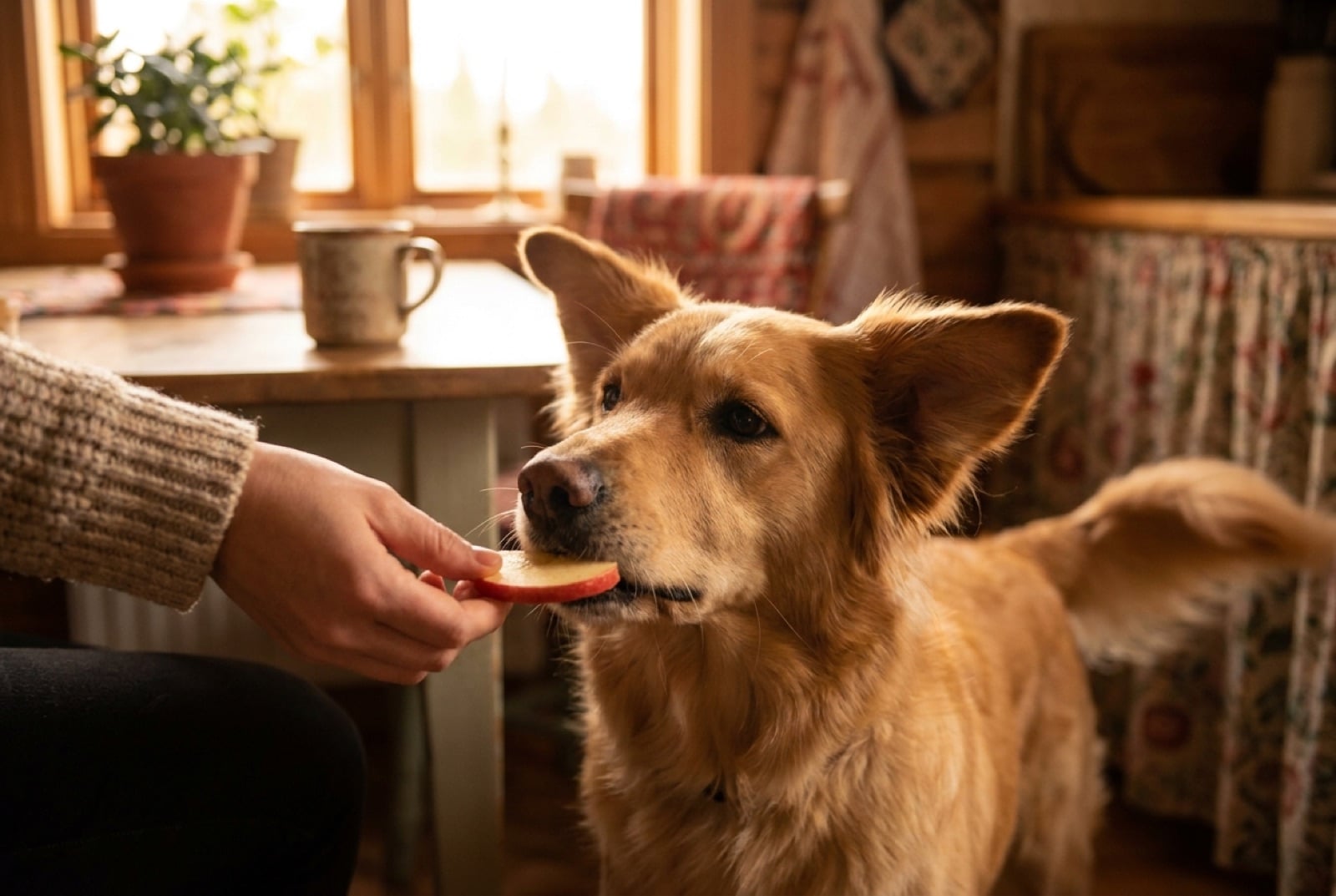 Hand gibt einem aufmerksamen Hund ein Stück frischen Apfel