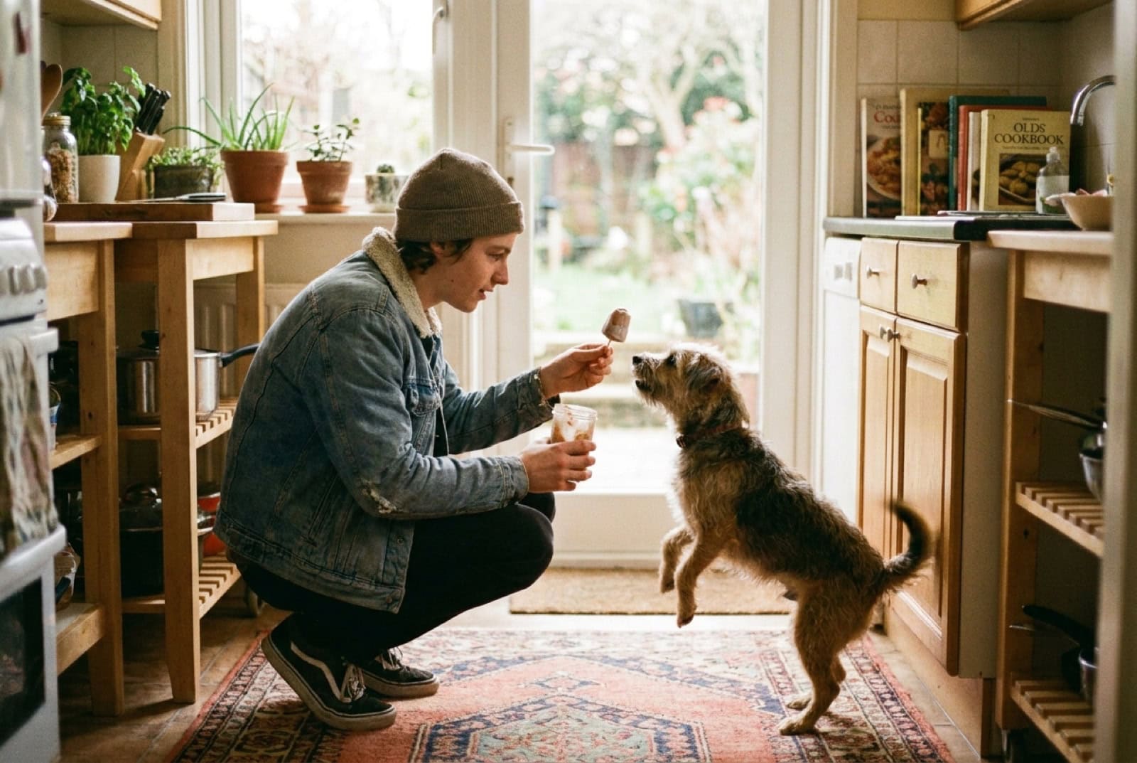 Person reicht einem aufgeregten Hund in der Küche einen gefrorenen Snack