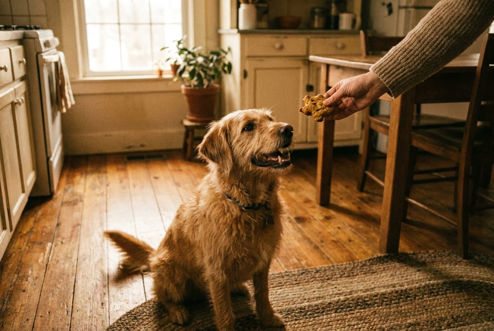 Hand gibt einem aufmerksamen Hund ein selbstgebackenes Leckerli beim Training