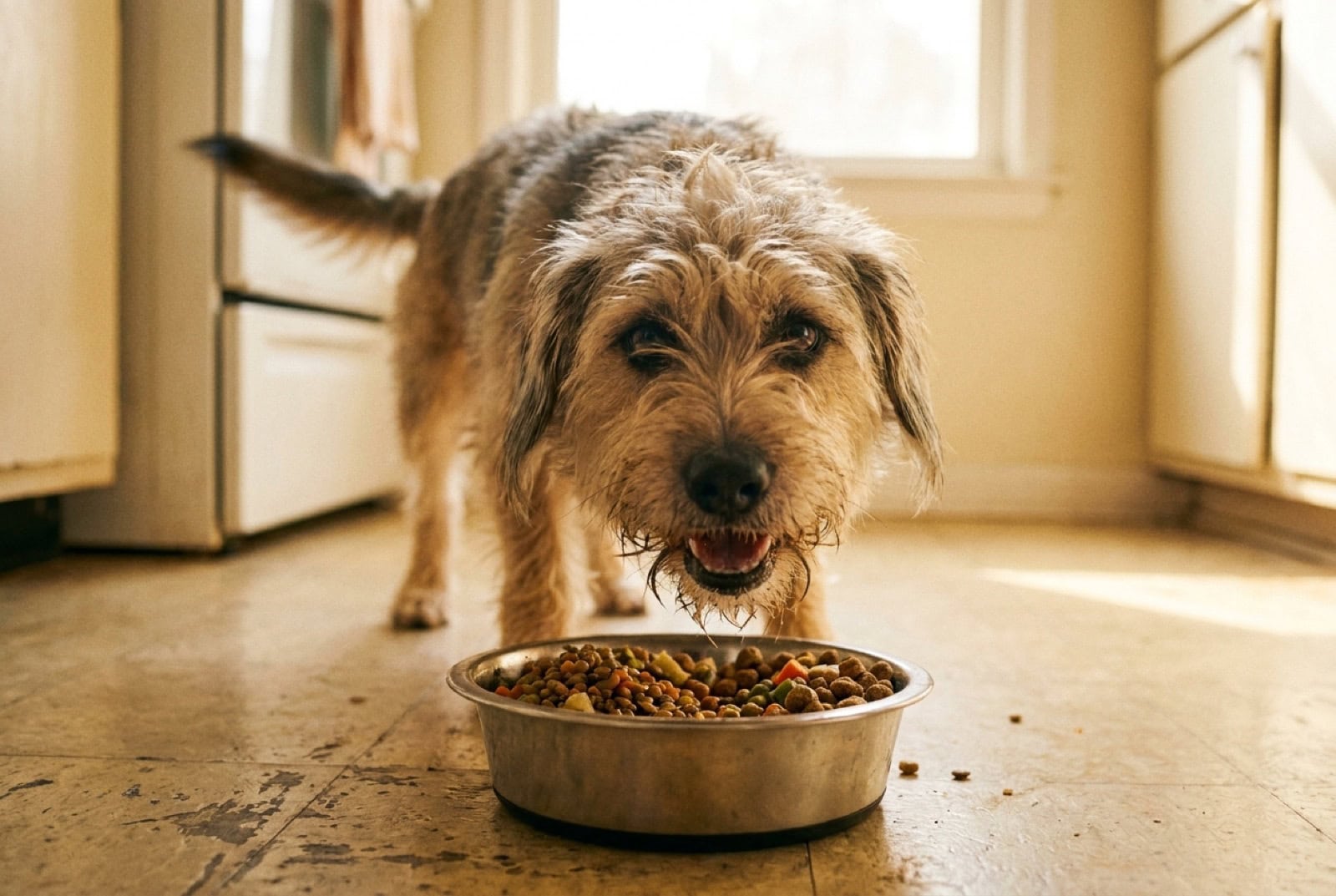 Hund frisst mit Appetit veganes Futter aus einem Napf