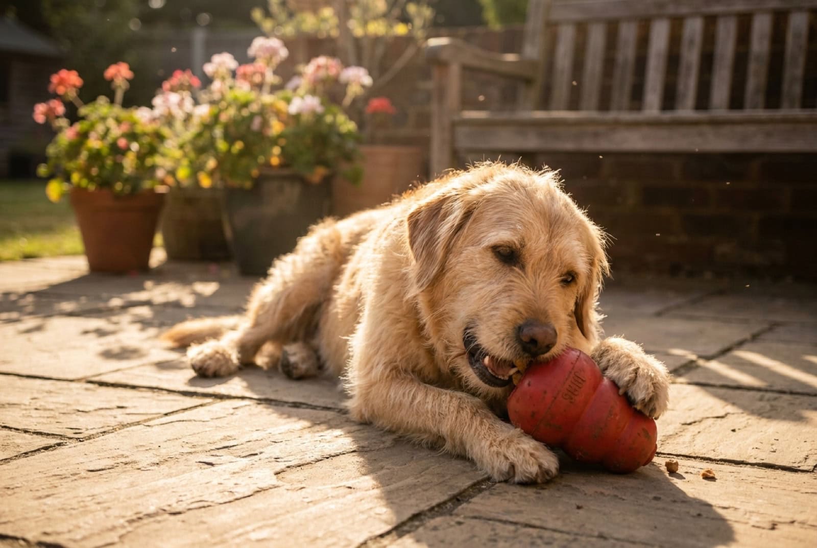 Entspannter Hund liegt in der Sonne und bearbeitet einen gefüllten Kong