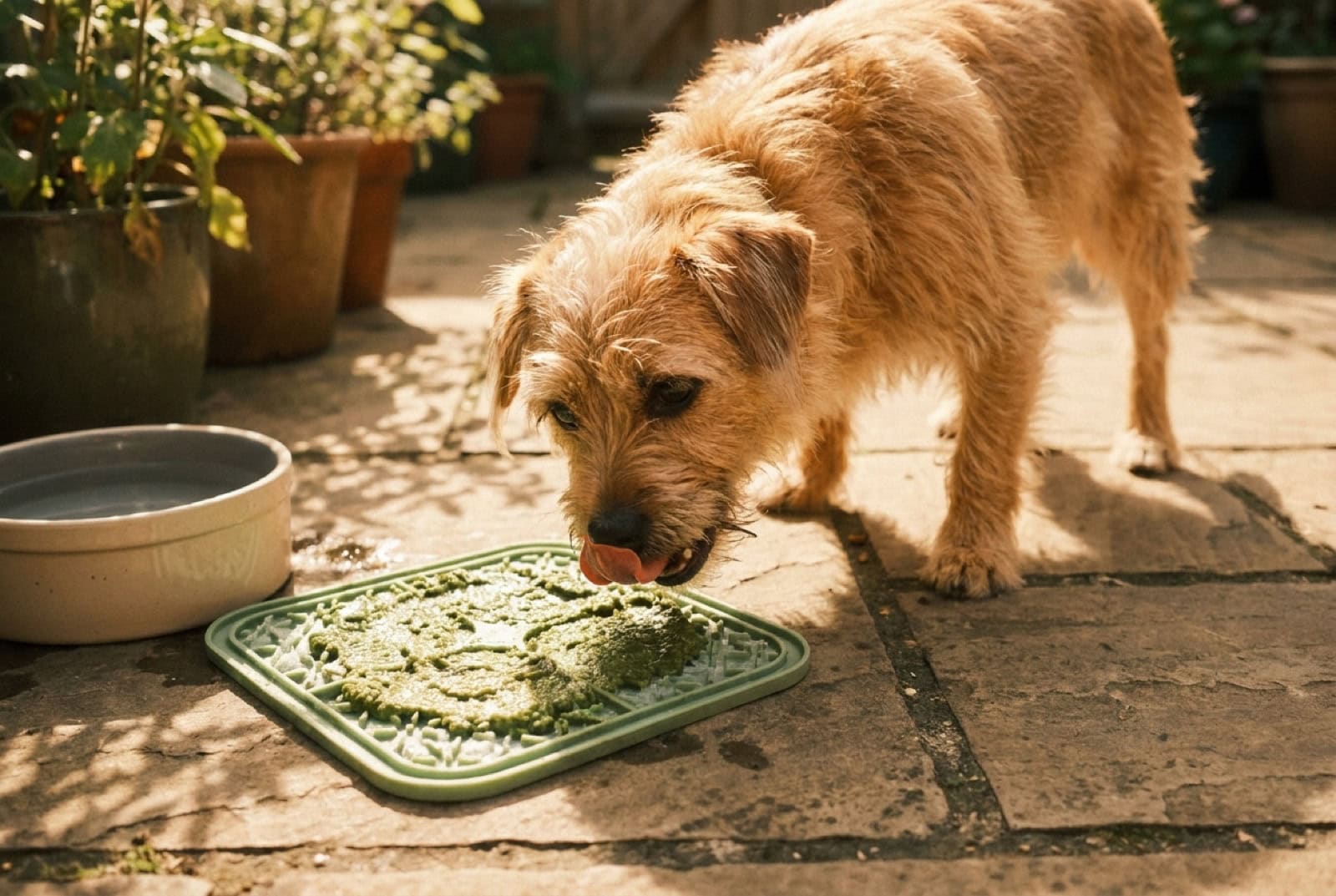 Hund leckt eine gefrorene Schleckmatte mit pflanzlichem Aufstrich auf der Terrasse