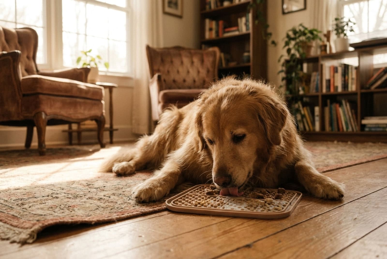 Entspannter Hund liegt am Boden und leckt eine gefrorene Schleckmatte