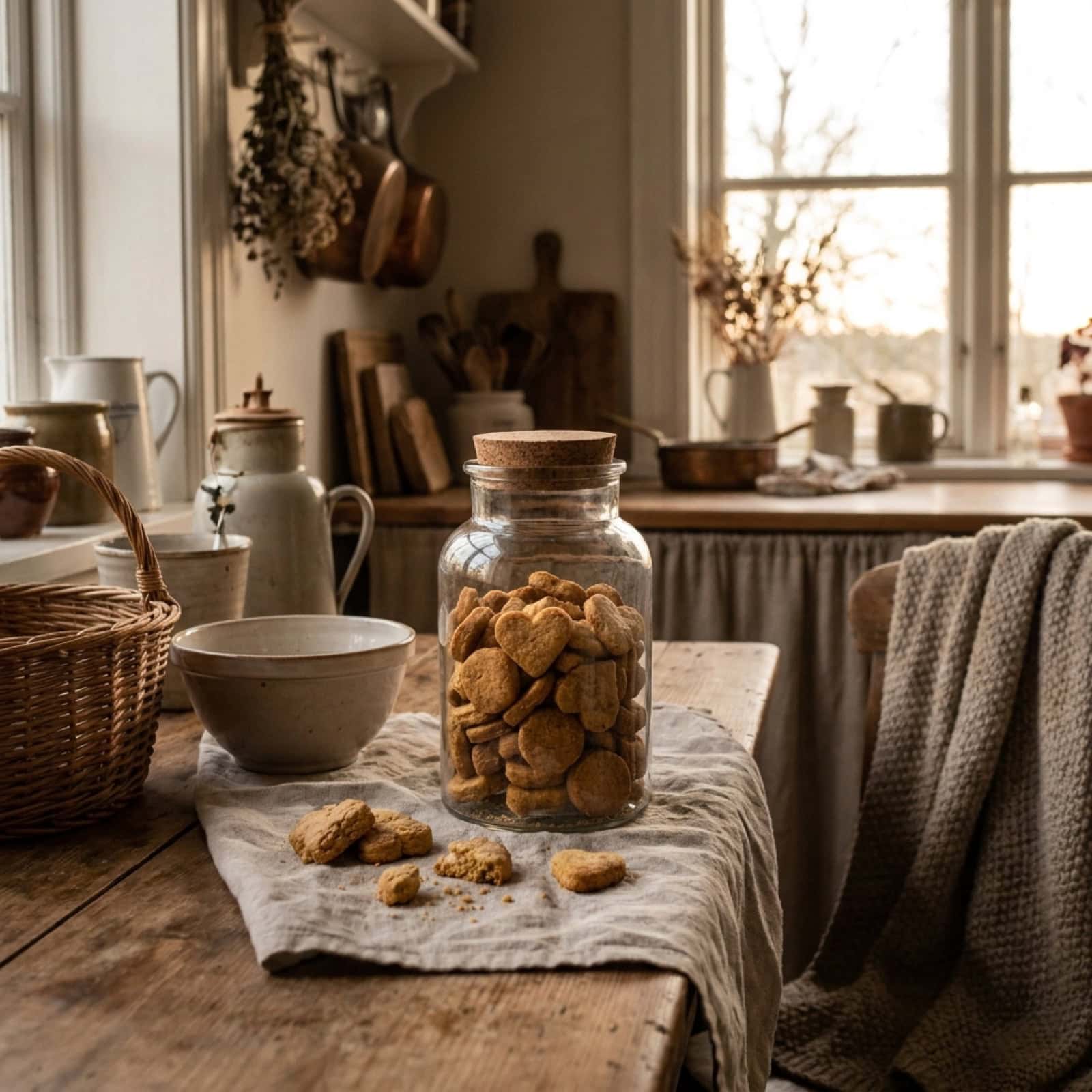 Glas mit selbstgebackenen veganen Hundekeksen auf einem Holztisch