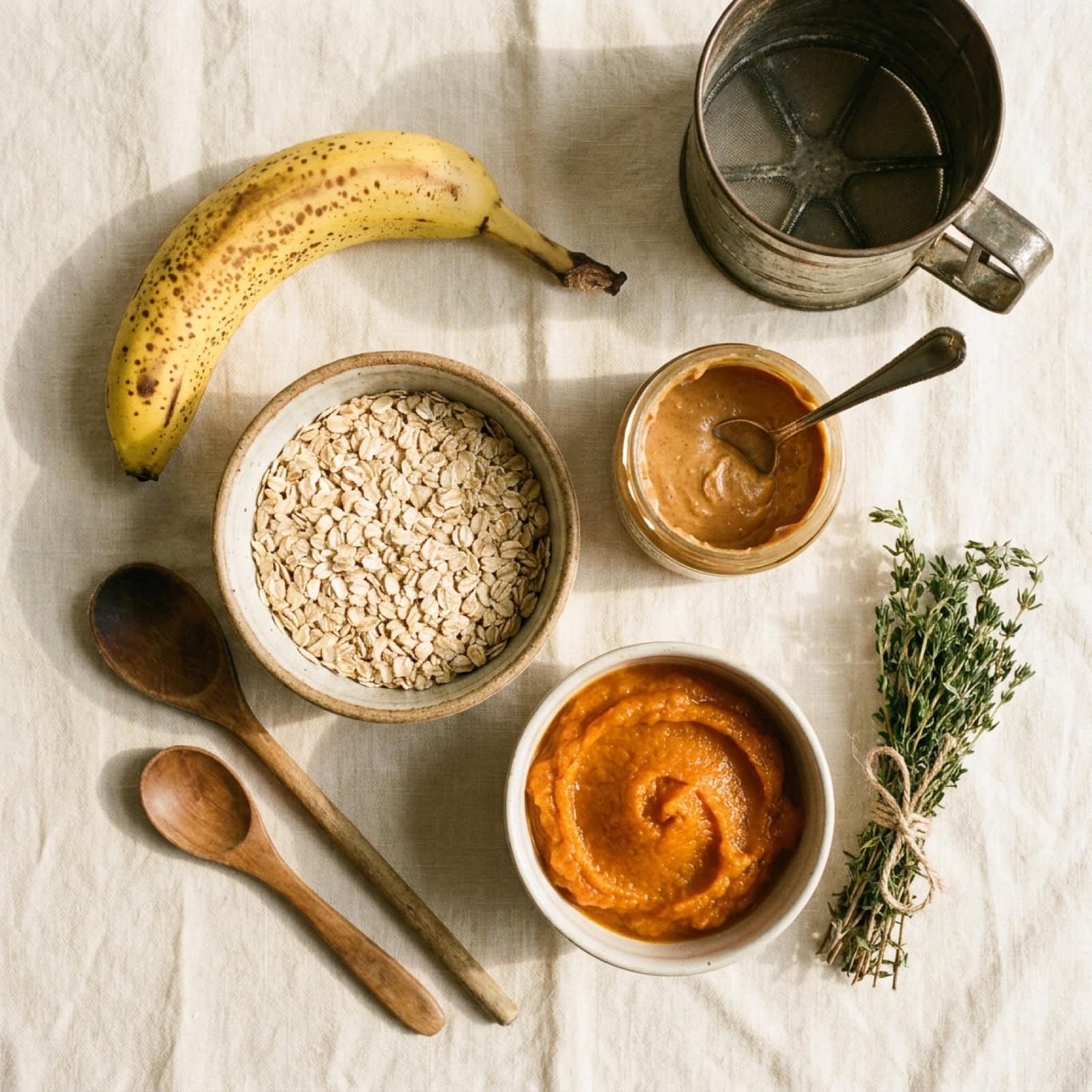 Zutaten für vegane Hundeleckerlies: Banane, Haferflocken, Erdnussmus und Kürbis von oben