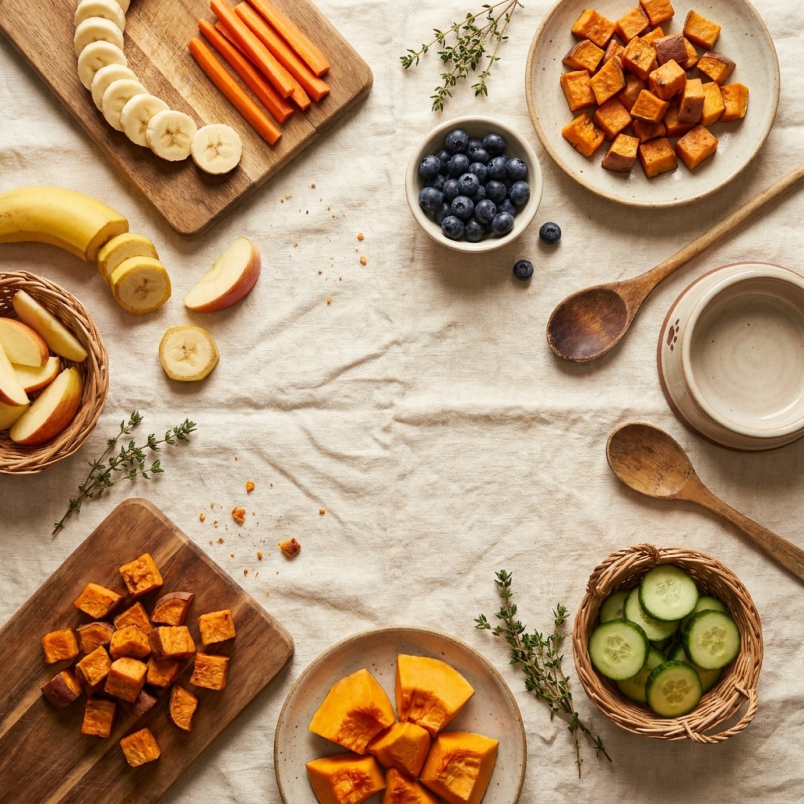 Hundesichere Lebensmittel von oben: Banane, Apfel, Karotte, Heidelbeeren, Kürbis, Gurke und Süßkartoffel