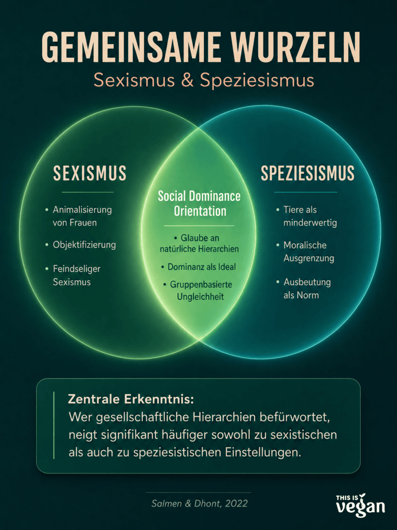 Infografik Venn-Diagramm: Gemeinsame Wurzeln von Sexismus und Speziesismus – Social Dominance Orientation als verbindendes Element zwischen Animalisierung von Frauen und Abwertung von Tieren