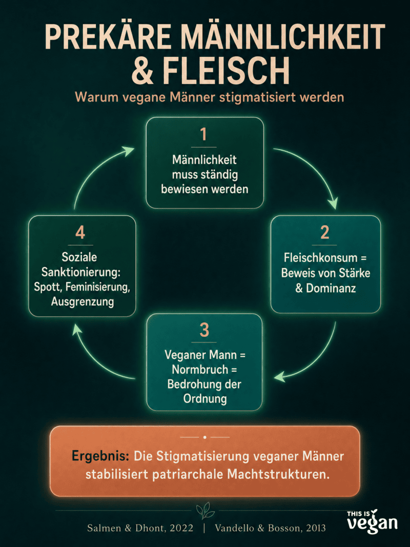 Infografik Kreislaufdiagramm: Prekäre Männlichkeit und Fleisch – 4 Schritte der Stigmatisierung veganer Männer von Normbruch bis sozialer Sanktionierung
