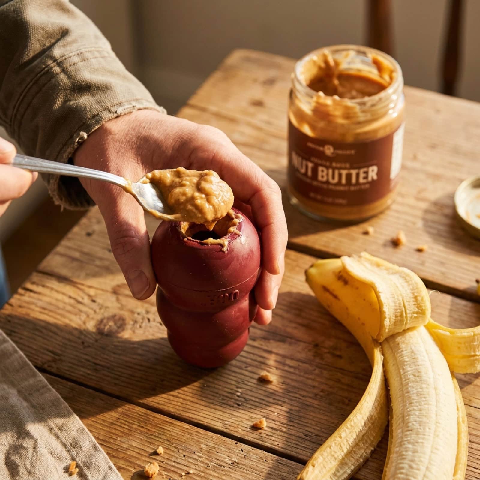 Hand befüllt einen roten Kong mit Erdnussmus und Banane