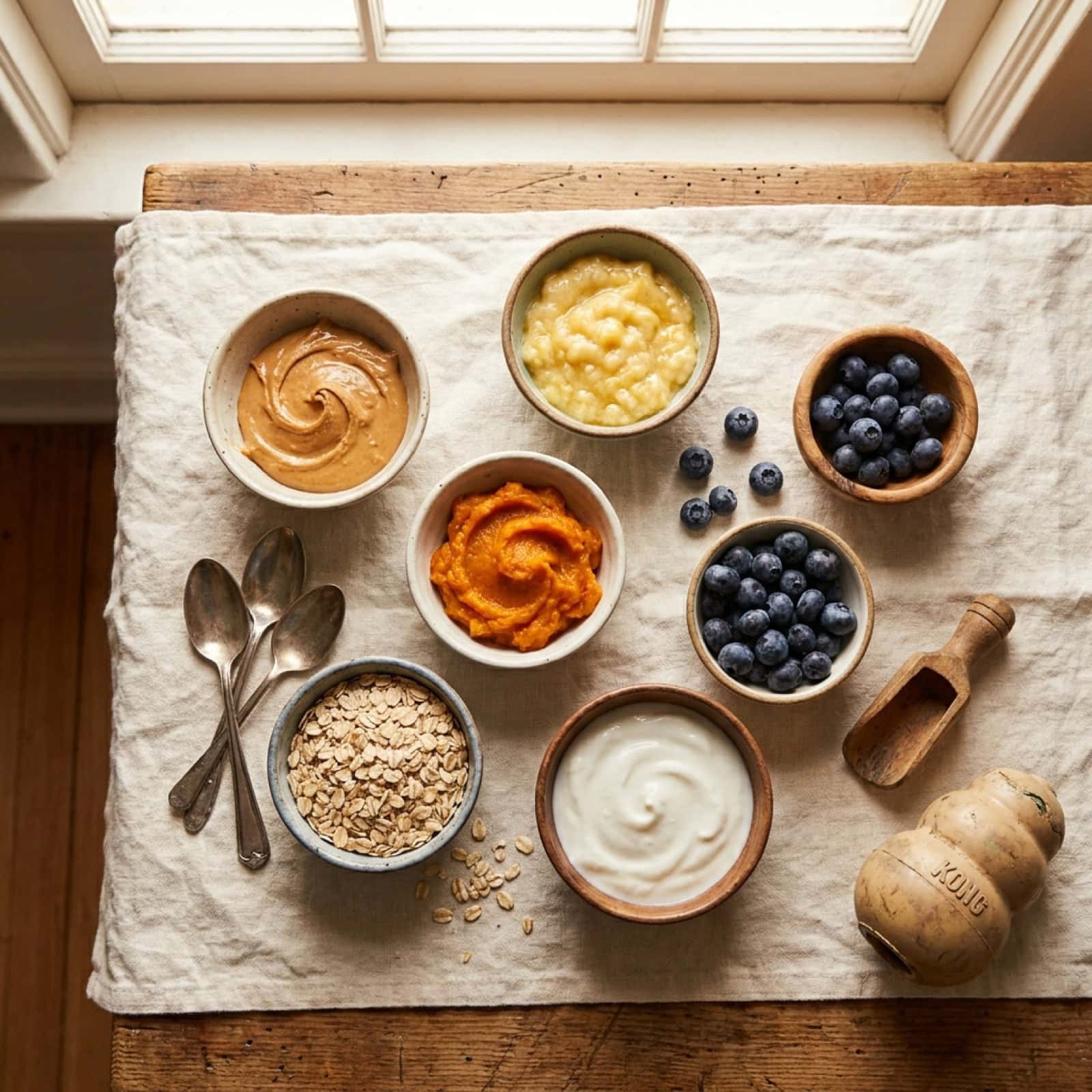 Hundesichere Zutaten für die Kong-Füllung: Erdnussmus, Banane, Kürbis, Heidelbeeren, Haferflocken und Pflanzenjoghurt von oben