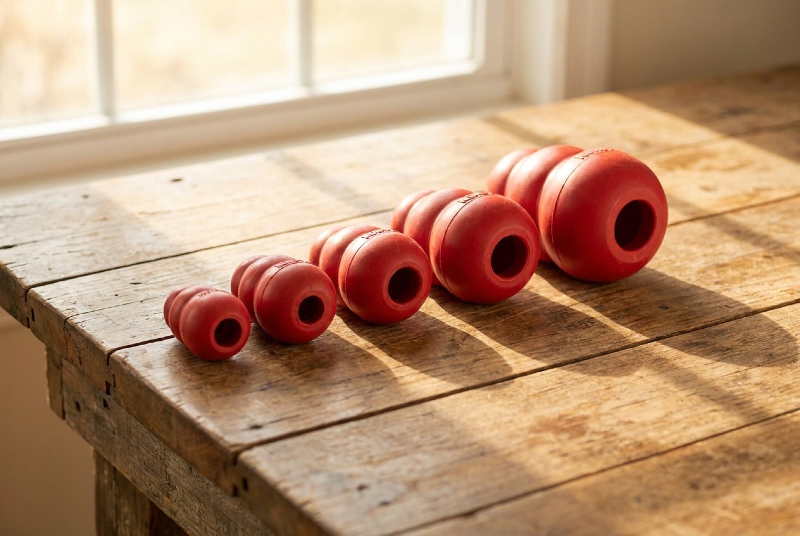 Mehrere rote Kongs in verschiedenen Größen nebeneinander auf einem Holztisch