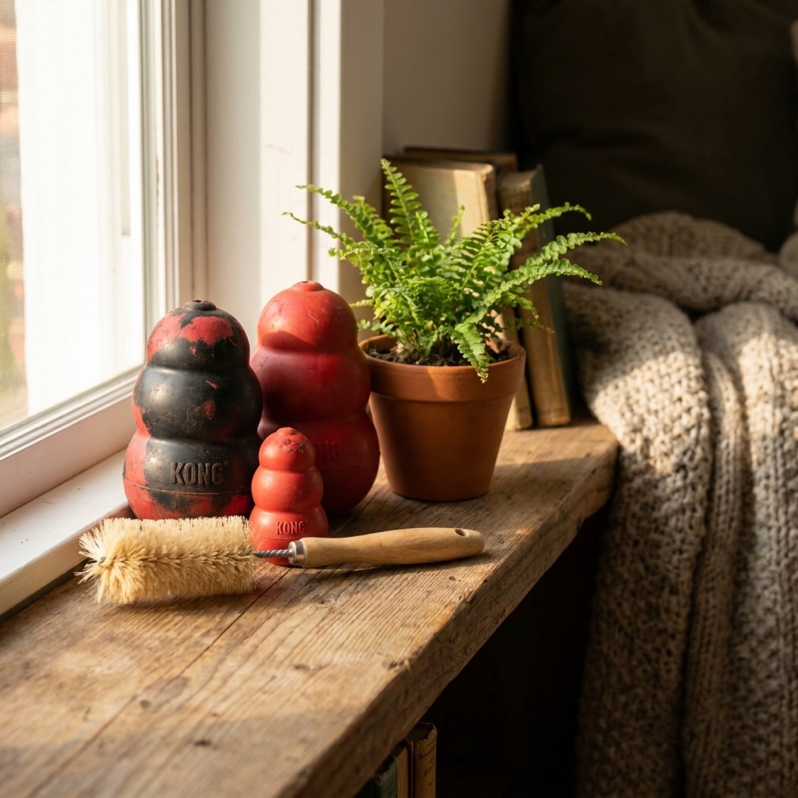 Rote und schwarze Kongs mit einer Flaschenbürste auf einem Holzregal