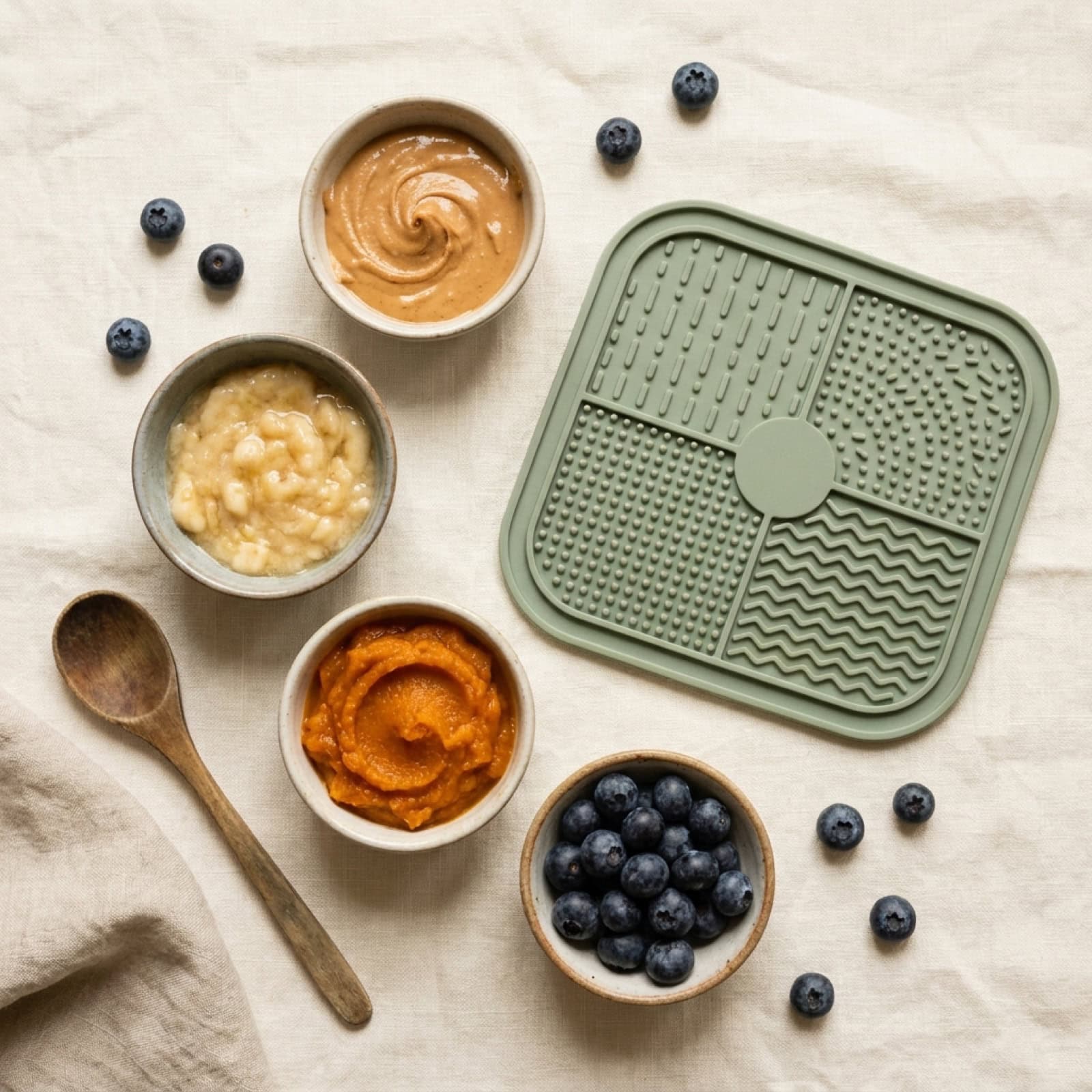Hundesichere Füllungen für die Schleckmatte: Erdnussmus, Banane, Kürbis und Heidelbeeren von oben