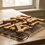 Vegane Hundeleckerlies selber machen: 4 einfache Rezepte Selbstgebackene vegane Hundekekse in Knochenform auf einem Abkühlgitter