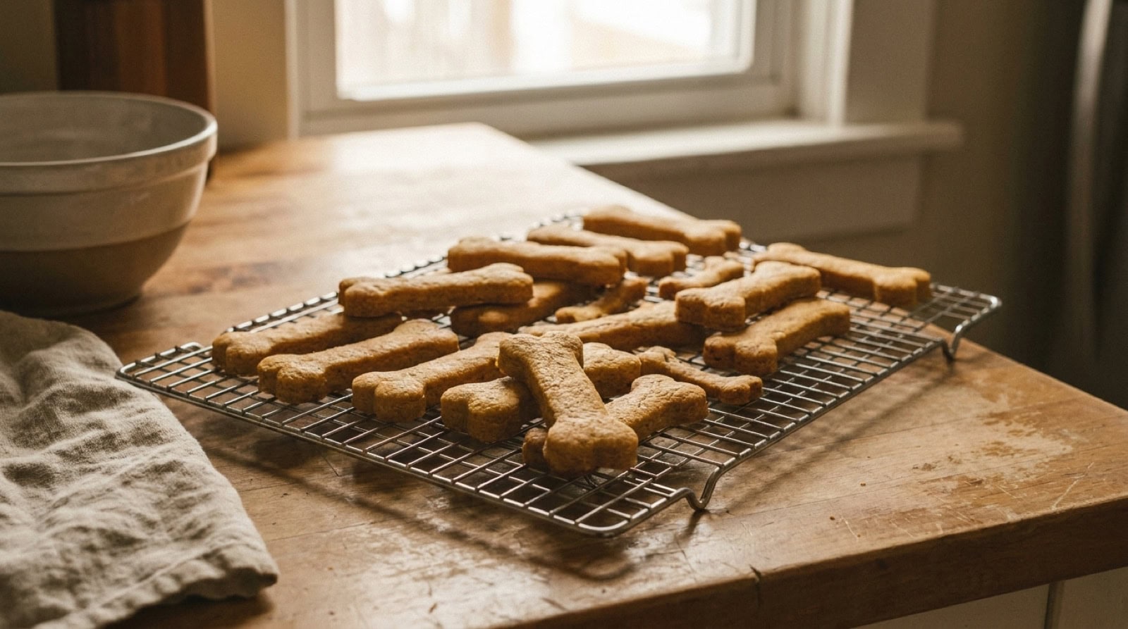 Selbstgebackene vegane Hundekekse in Knochenform auf einem Abkühlgitter