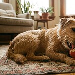Vegane Kong-Füllungen: 20 Rezepte und die perfekte Technik Hund liegt auf einem Teppich und leckt einen roten Kong mit pflanzlicher Füllung