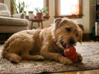 Hund liegt auf einem Teppich und leckt einen roten Kong mit pflanzlicher Füllung