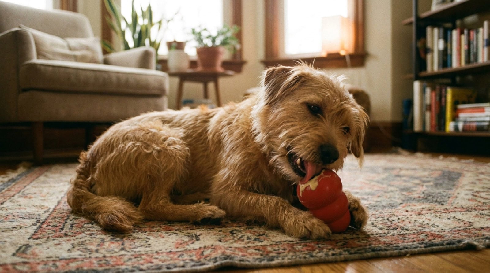 Hund liegt auf einem Teppich und leckt einen roten Kong mit pflanzlicher Füllung