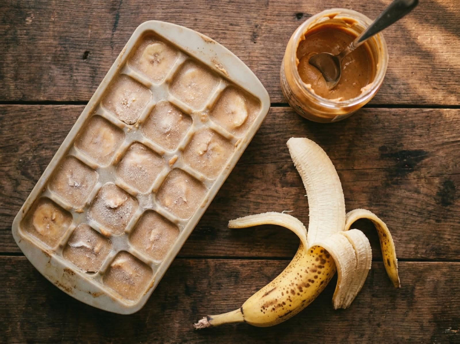 Veganes Bananen-Erdnuss-Hundeeis in einer Silikonform, fertig gefroren