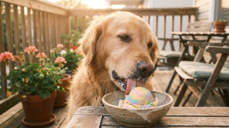 Golden Retriever leckt selbstgemachtes veganes Hundeeis aus einer Keramikschale auf einem sonnigen Balkon